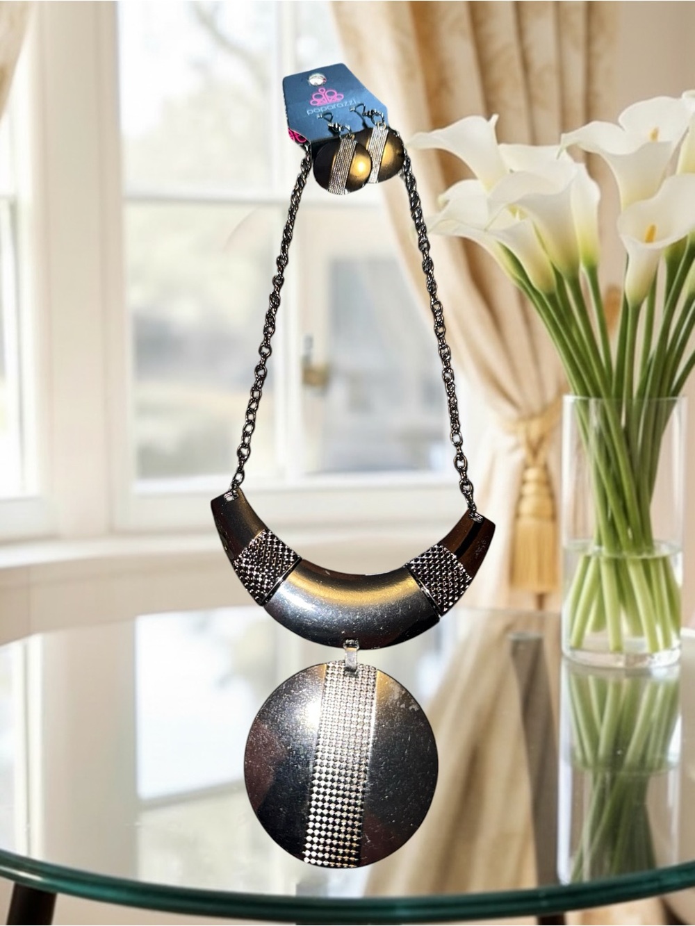 Paparazzi Metallic Enchantress Gunmetal Black Statement Necklace & Earring Set - Picture 2 of 4